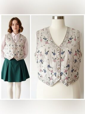 Vintage Cottagecore Floral Embroidered Linen Cotton Folk Vest Boho 90s Revival M